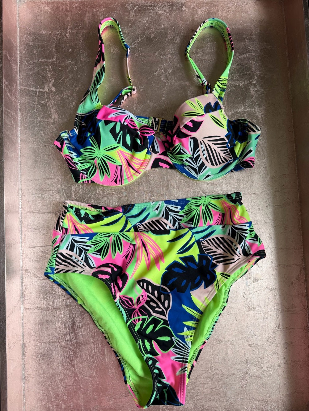 No Boundaries Neon Green & Pink Tropical Leaf Two-Piece Bikini